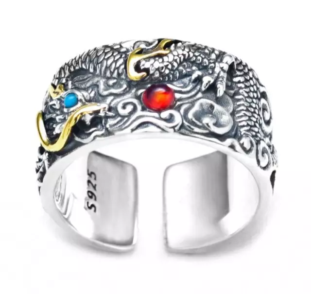 MEN ASIAN DRAGON 925 Sterling Silver Adjustable Ring Chinese Dragon ...