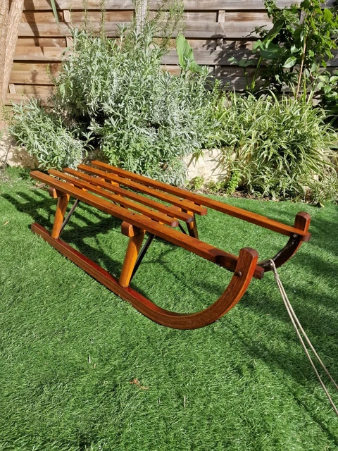 Ancienne Luge DAVOS GERMINA Bois De Hêtre, Collection SPORT Déco Chalet Vintage.
