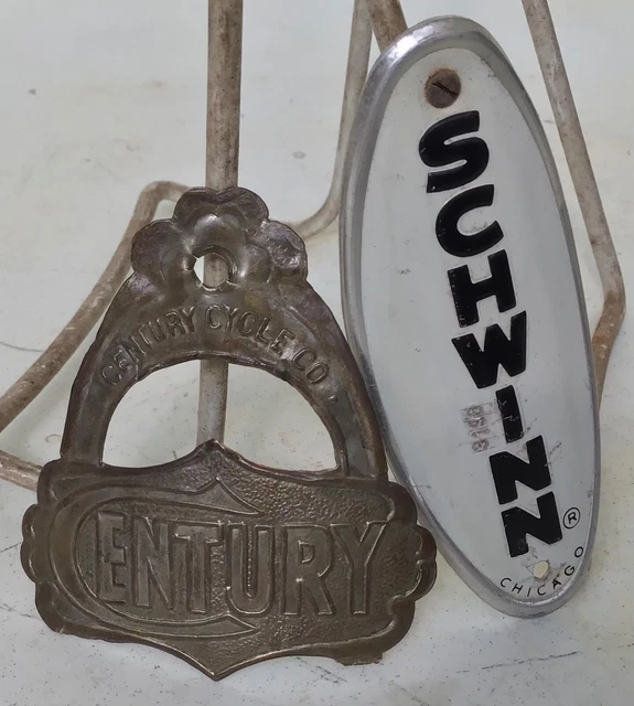 antique ~CENTURY vintage brass and SCHWINN BICYCLE old cycle HEAD BADGE EMBLEMS~ antique ~CENTURY vintage brass and SCHWINN BICYCLE old cycle HEAD BADGE EMBLEMS~