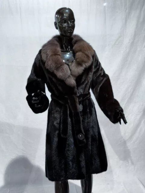 real fur mink black coat  collared  in sable with belt