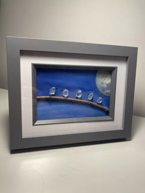 Framed Pebble Picture, Sea Glass Birds On A Branch, Home Decor Wall Art, Gift