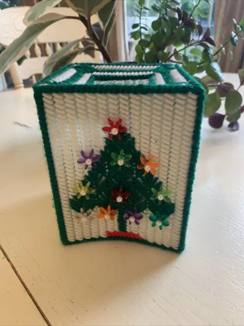 Vintage Needlepoint Christmas Tree Kleenex Tissue Box Cover Hand Made Beads