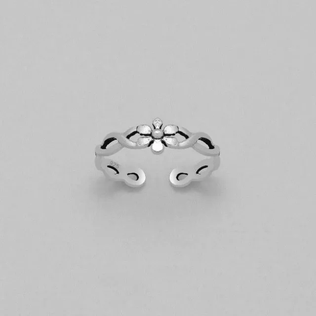 TJS 925 Sterling Silver Flower Braid Band Design Toe Ring Adjustable Jewellery