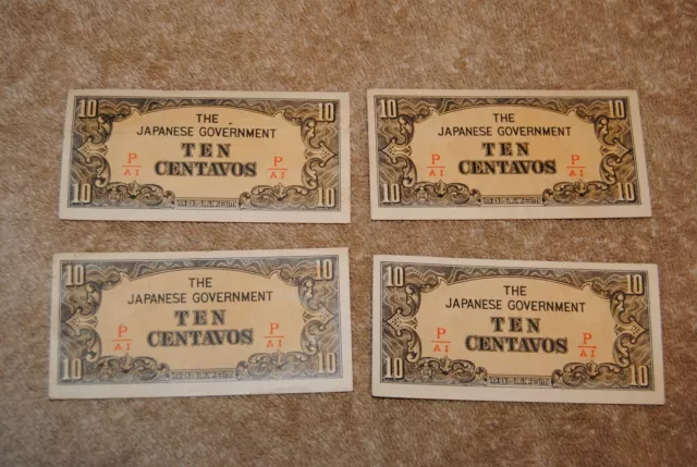 4 Vintage Japanese Government Ten Centavos Paper Money Currency