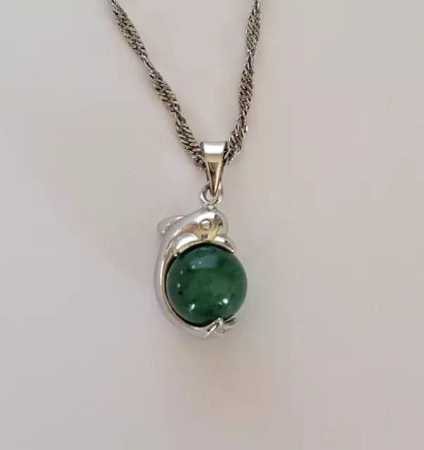 Sterling Silver Italy 925 Chain 16" Necklace and a Dolphin w/ Jade Ball Pendant