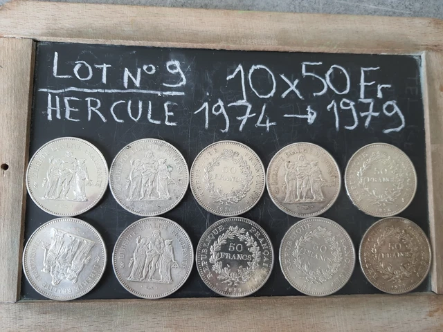 Lot N°9 : 10 Pièces 50 francs hercule argent  de 1974 à 1979 Dupre