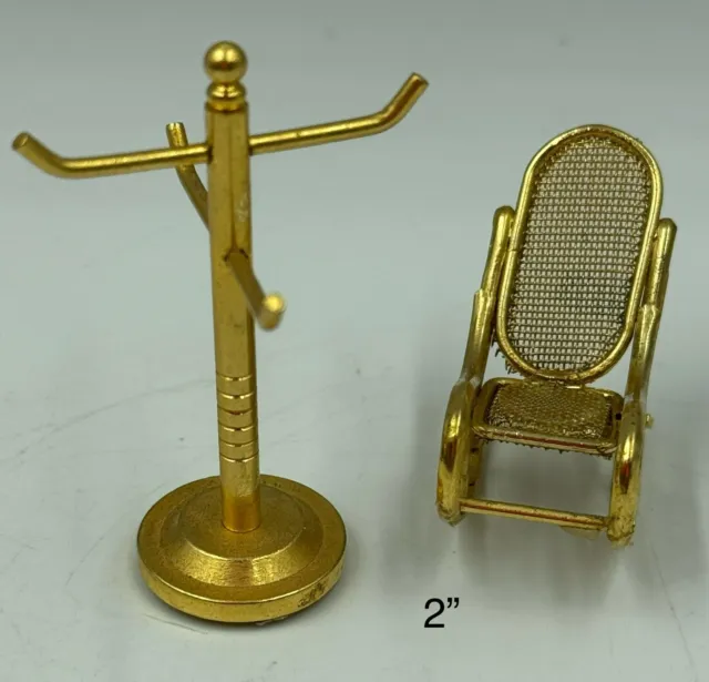Miniature Doll House Brass Rocking Chair and Coat Rack