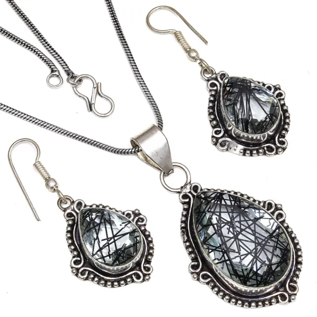 Black Rutile Gemstone 925 Silver Plated Jewelry Pendant & Earring Set 18-20''