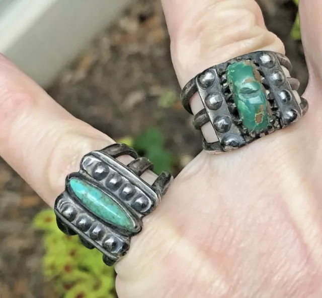 2 OLD! SOUTHWESTERN TURQUOISE & COIN SILVER NAVAJO / ZUNI RINGS Sz 8-1/4 & 9-3/4