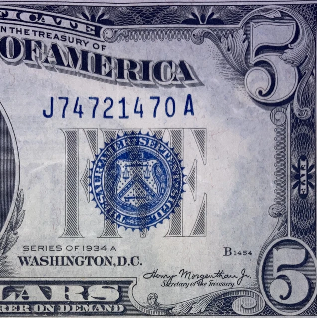 1934 ($5) Dollar Blue Silver Certificate  Payable In Silver To Bearer On Demand