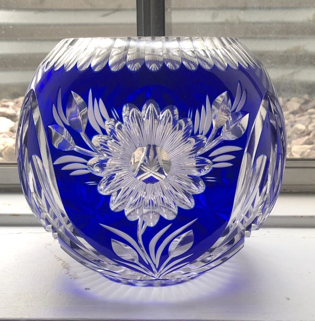Imperlux Bohemian Cobalt Blue Cut to Clear Lead Crystal Rose Bowl Vase Imperlux Bohemian Cobalt Blue Cut to Clear Lead Crystal Rose Bowl Vase
