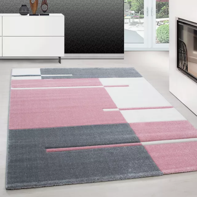 Wohnzimmer Teppich, Kariert design, Rosa - Grau - Weiß, Modern Konturenschnitt