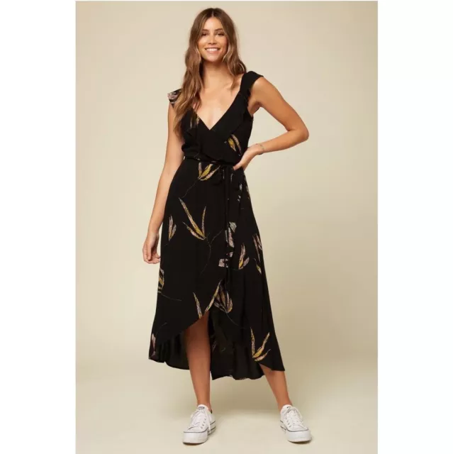 NWT O’Neill Alana Black Floral Midi Wrap Dress Size Small