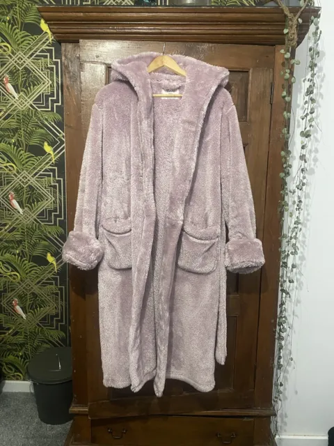 F&F Rose Pink Dressing Gown Soft Fluffy Bath Robe With Hood Pockets Size S 8/10