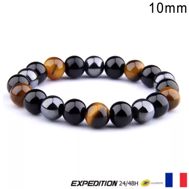 Bracelet Bijoux Naturel Noir Obsidienne Hématite Oeil de Tigre Perles 10mm #2