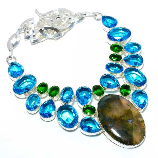 Natural Moss Agate - India, Blue Topaz 925 Silver Plated Necklace 17.99" T80