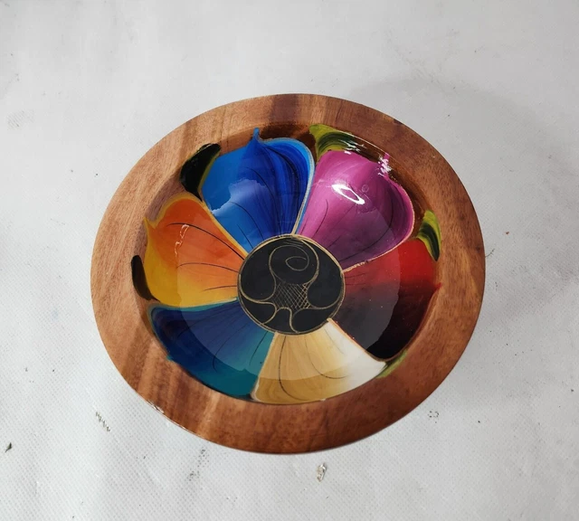 Vintage Wood Lacquered Mexican Folk Art Bowl Decorative Round Hand Painted 6"