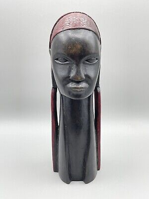 VTG Hand Carved African Woman Ebony Red Black Ironwood Figurine 9.5" Sculpture