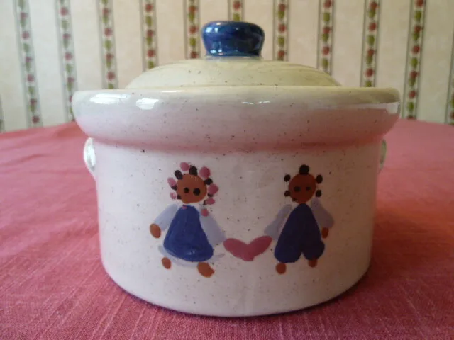 Handmade Ceramic Trinket Canister with Lid, 5"x3", Hand Painted W/Boy & Girl