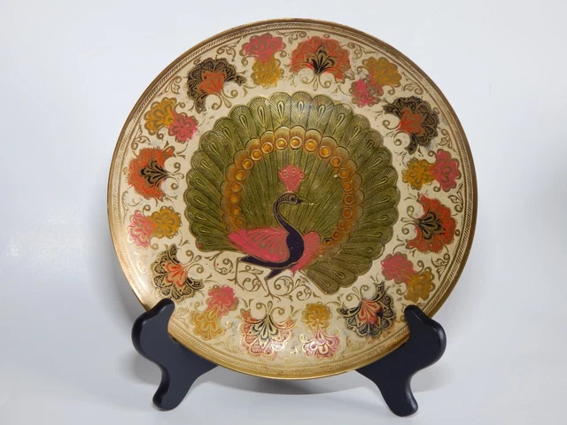 Vintage Brass Hand Painted Peacock, Floral Wall Hanging Plate