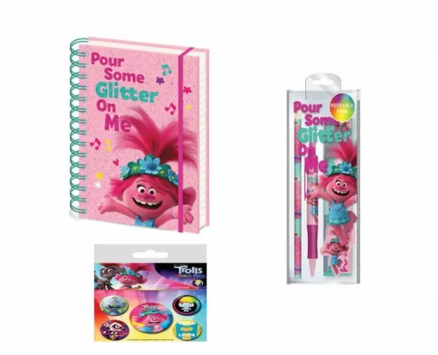 TROLLS World Tour POUR SOME GLITTER A5 Note Book AND 5 Piece Stationery Set