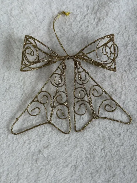 Vintage Wire Mesh Gold Color Glitter Filigree Bow Christmas Ornament