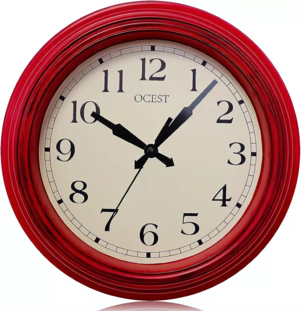 OCEST 9-Inch Retro Red Small Kitchen Wall Clock, Silent Non Ticking