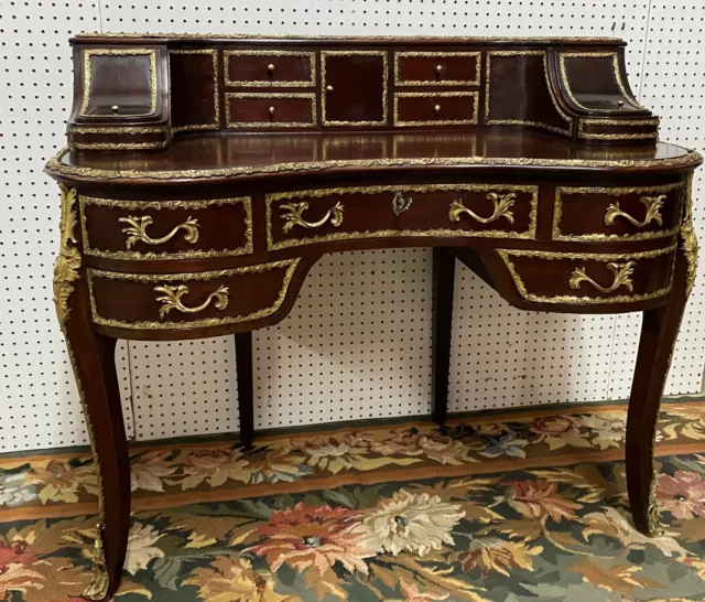 Antique French Louis XV Style Bureau Plat Mahogany Desk Bronze Ormolu Circa 1860