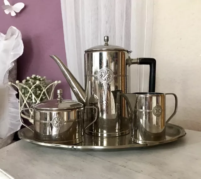 Antik Jugendstil Kaffee- Tee Kernstück Zuckerdose Rahmgießer Kanne versilbert ?