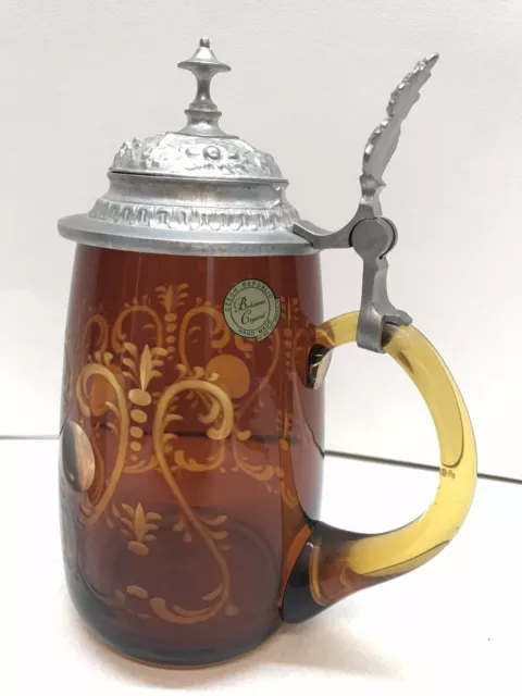 Bohemia Crystal Cut Etched Glass Czech Amber Stein Mug 8" Pewter Lid Handmade