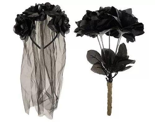 Black Veil & Roses Set Flower Headband Corpse Bride Rose Halloween Fancy Dress