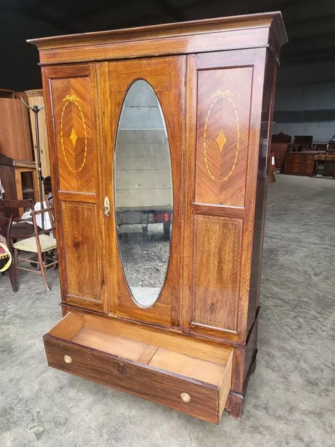 Antique Edwardian inlaid mahogany mirrored door wardrobe drawer hanging rail 3