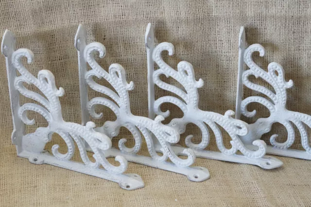 4 Cast Iron Octopus Brackets Nautical Garden Braces Shelf Corbels Ocean White