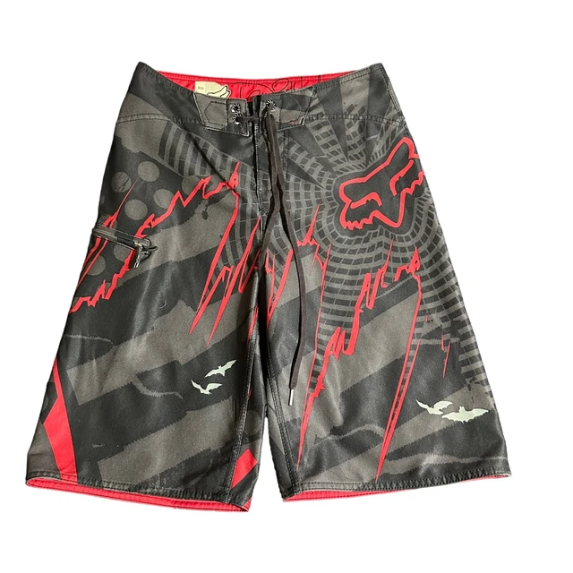 Fox Racing Mens Black Gray Board Shorts Swim Trunks Size 28