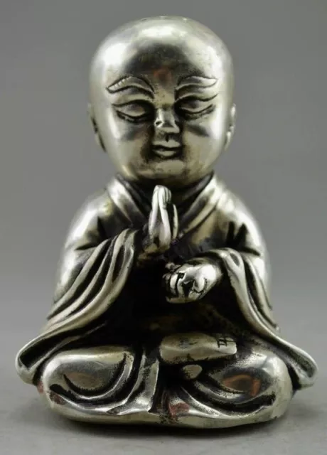 Collectible Decorated Old Handwork Tibet Silver Carved Monk Prayer Statue NR245