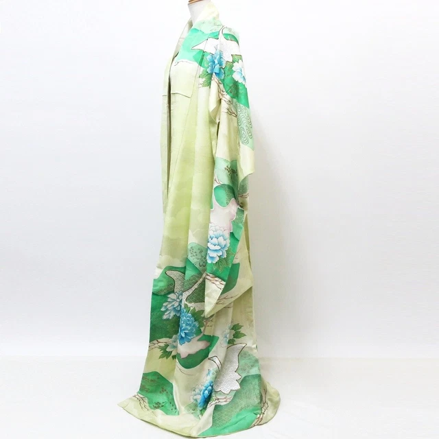 8938B5 Silk Vintage Japanese Kimono Furisode Crane Birds Peony Tall