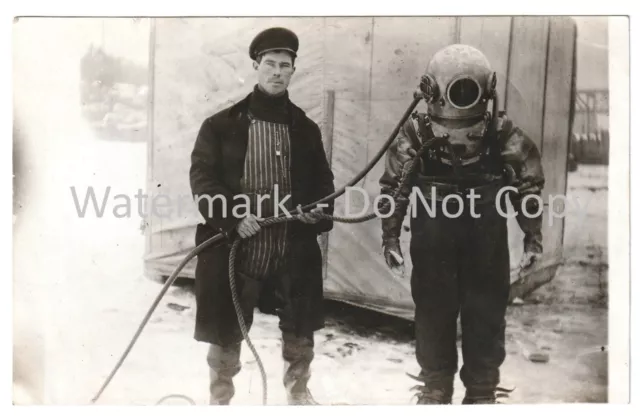 Deep Sea Diver man in Suit- Kilbourn Dam Wisconsin Dells WI Real Photo RPPC 1910