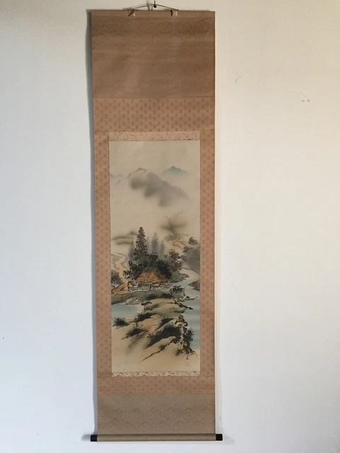G1636 Japonés Vintage Colgante Rollo Kakejiku Mano Pintura Seda Paisaje River