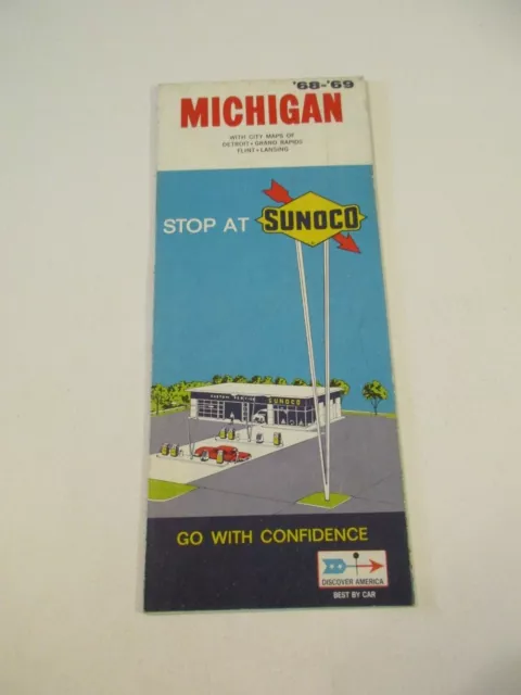 Vintage 1968-1969 Sunoco Michigan Oil Gas Service Station Travel Road Map~Box Y5