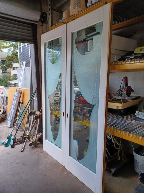 Vintage double door set 95" tall with etched glass