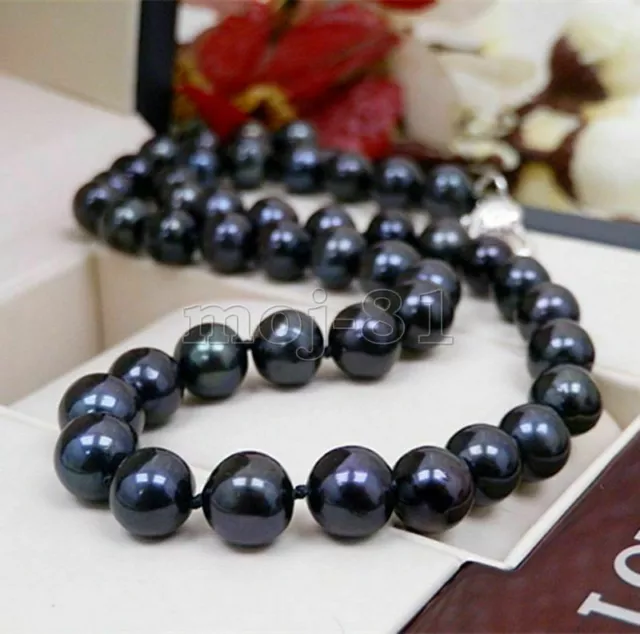 stunning AAA+ 9-10 mm natural tahitian black pearl necklace 18" 14K GOLD