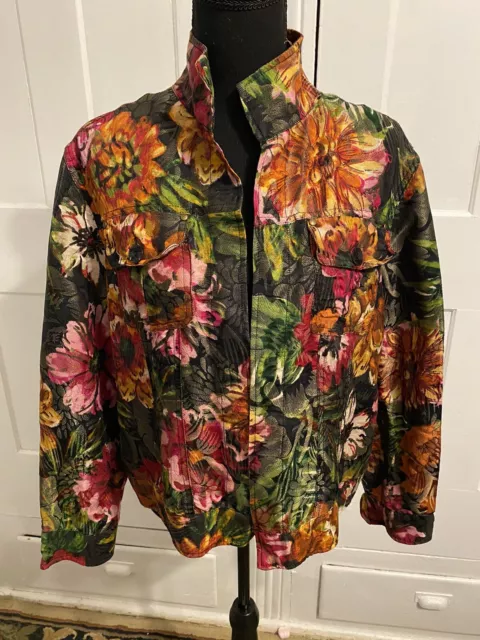 Chicos Blazer Women's Size 2 Large  Open Front Silk Blend Floral Jacket Career