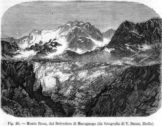 Monte Rosa da Macugnaga. Stampa antica di 130 anni + passepartout. 1890