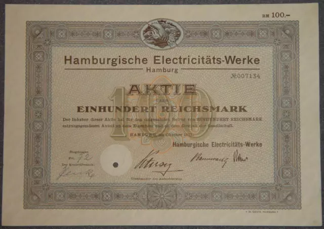 100 Stück Hamburgische Electricitäts-Werke 1931  100 RM