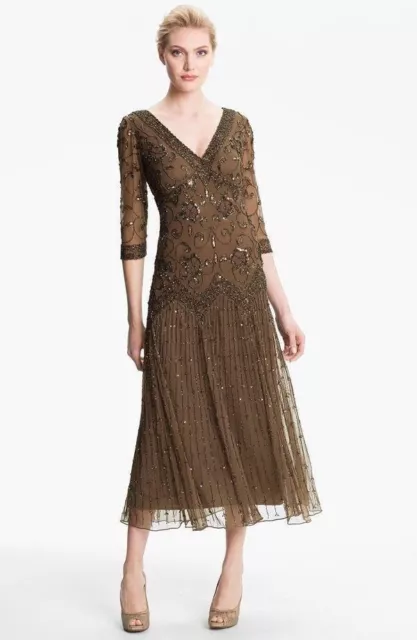 Pisarro Nights Beaded Mesh Dress Sz 10 Brown