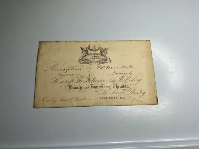 19th C Pharmacy Prescription Envelope Henry Monkhouse Chemist Derby to Mr Mellor