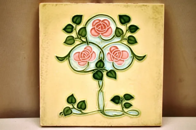 Vintage Japan Tile Majolica Art Nouveau Danto Kaisha Porcelain Rose Vine Rare"80 2