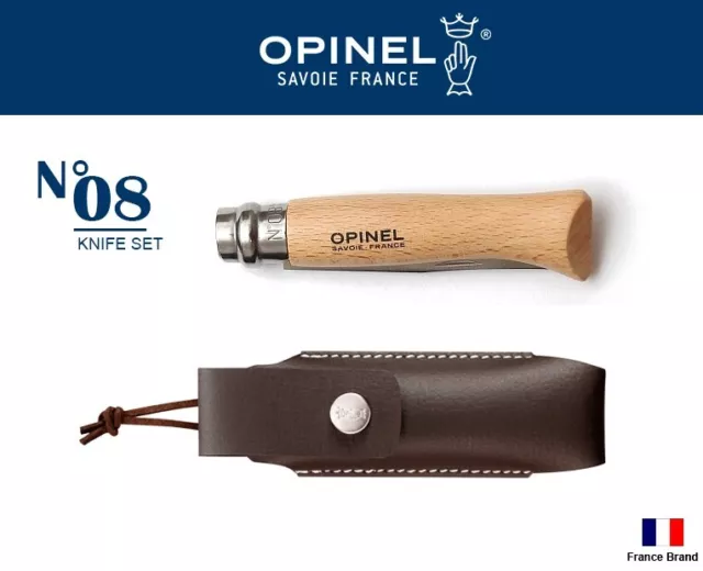 Opinel France No08 Folding Knife Beech Wood Handle With Leather Sheath 001089