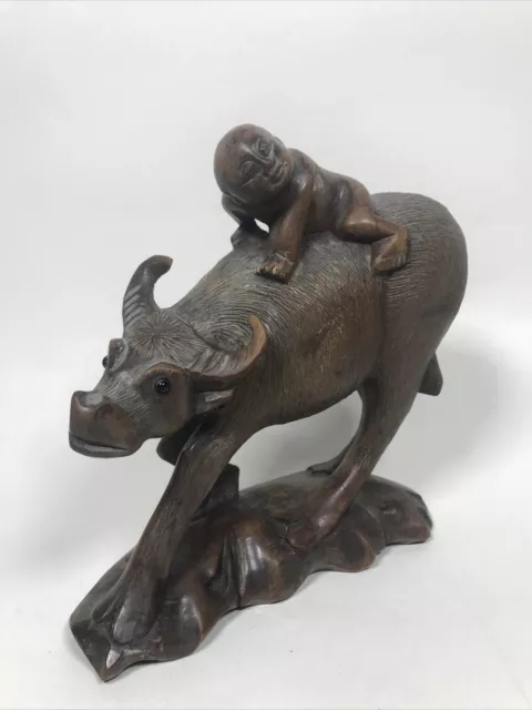 Vintage Chinese Wood Hand Carved Water Buffalo With Boy On Back