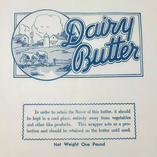 Dairy Butter Wrapper Vintage Wax Packaging Blue Farm Scene Windmill Cows 1 Pound